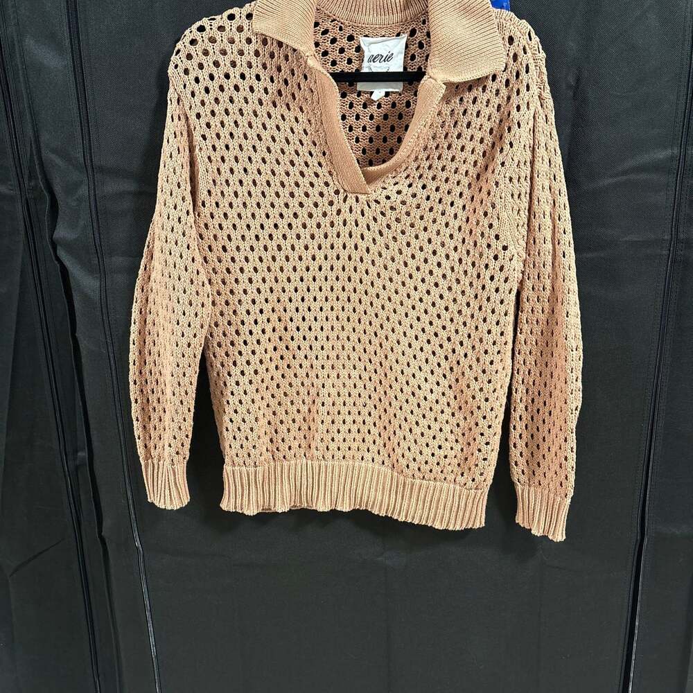 Aerie Oversized Open Knit Polo Sweater in Beach Dune